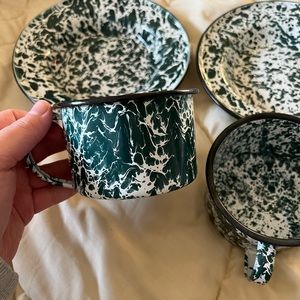 Set of Green Speckled Enamel Dinnerware